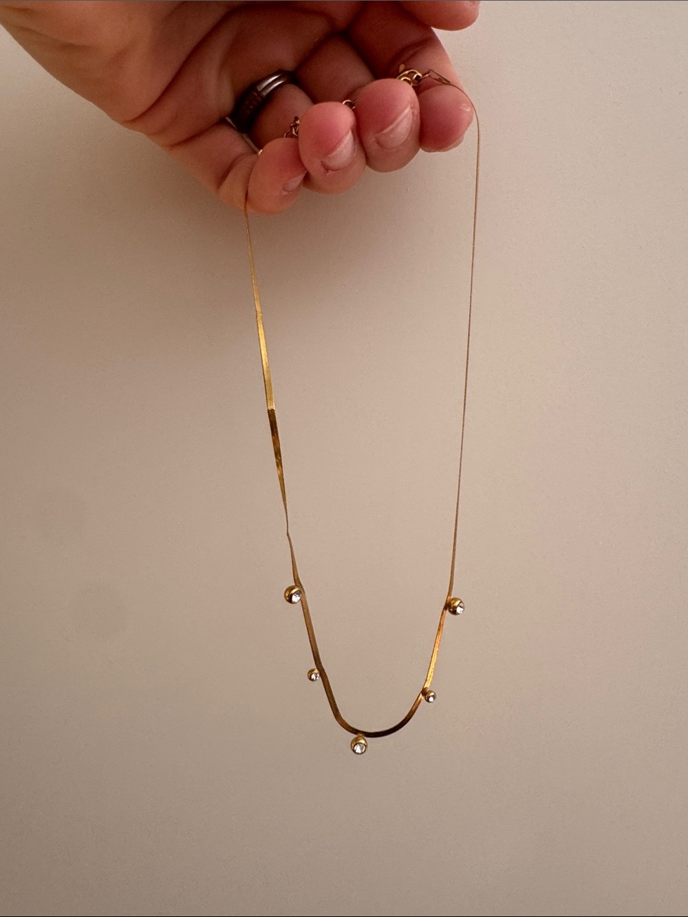 Gold Plated Curved Bar Necklace with Crystal Drops